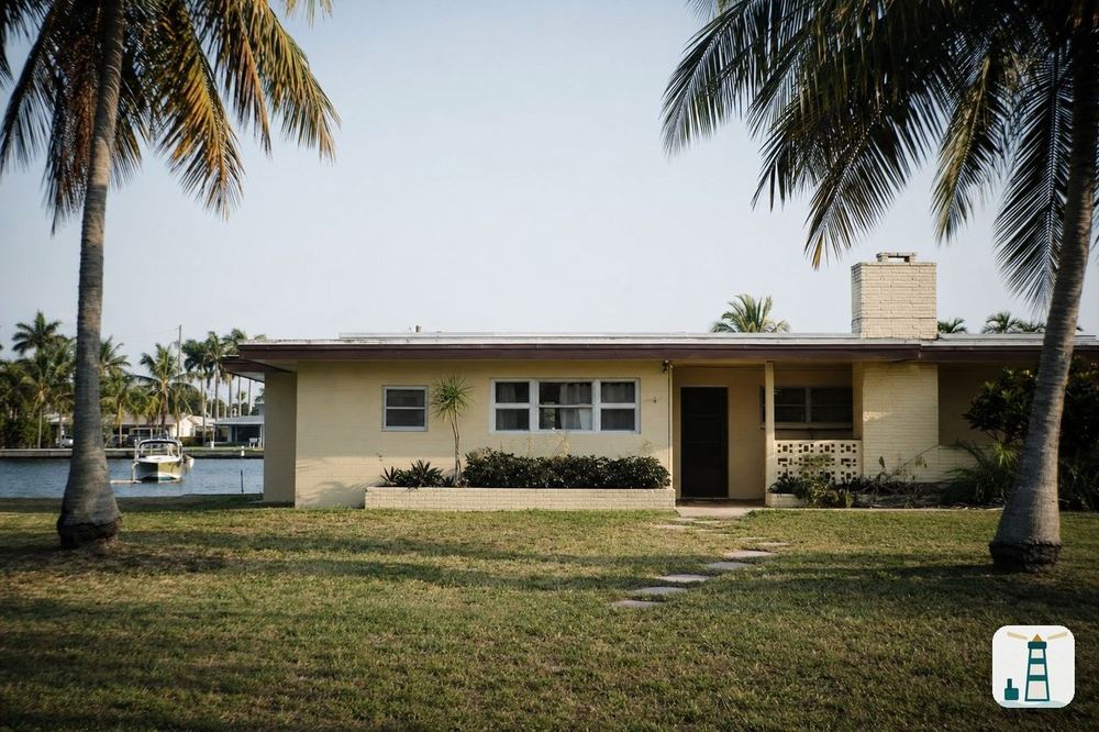 Mid-century block ranch with a masonry chimney by a canal