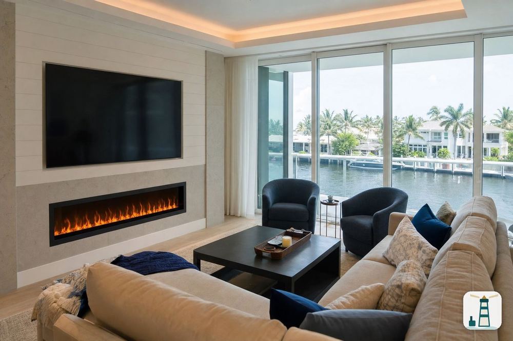 Linear electric fireplace below a TV in a waterfront condo