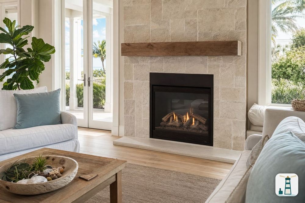 Gas fireplace insert with a glass front in a stone surround