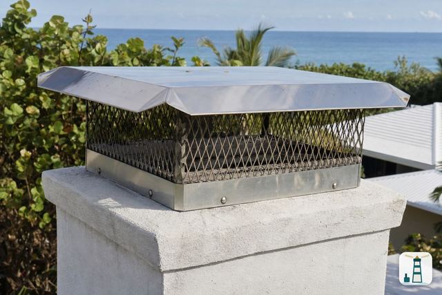 Stainless chimney cap on a stucco chimney near the ocean