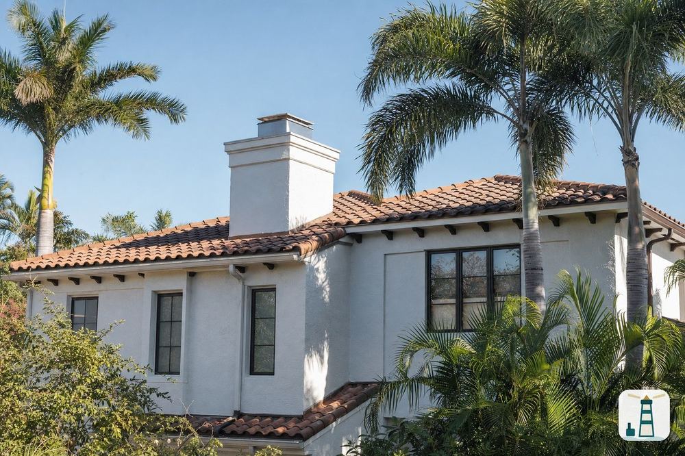 Two-story stucco home with a stucco chimney and barrel-tile roof